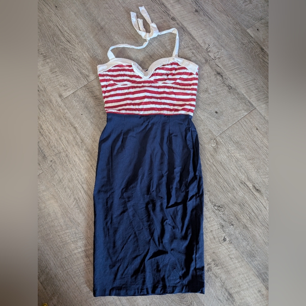 Pinup Girl Couture PUG Large Striped Red and Navy Wiggle Dress